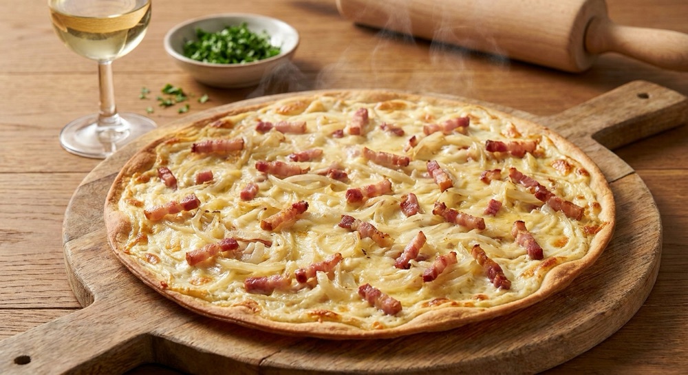 Flammkuchen mit Zwiebeln, Speckwürfeln und Käse, dampfend auf einem Holzbrett