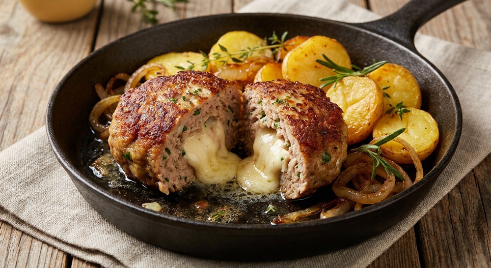 Gefüllte Frikadelle mit Käsefüllung, serviert mit Kartoffeln und Zwiebeln in einer Pfanne