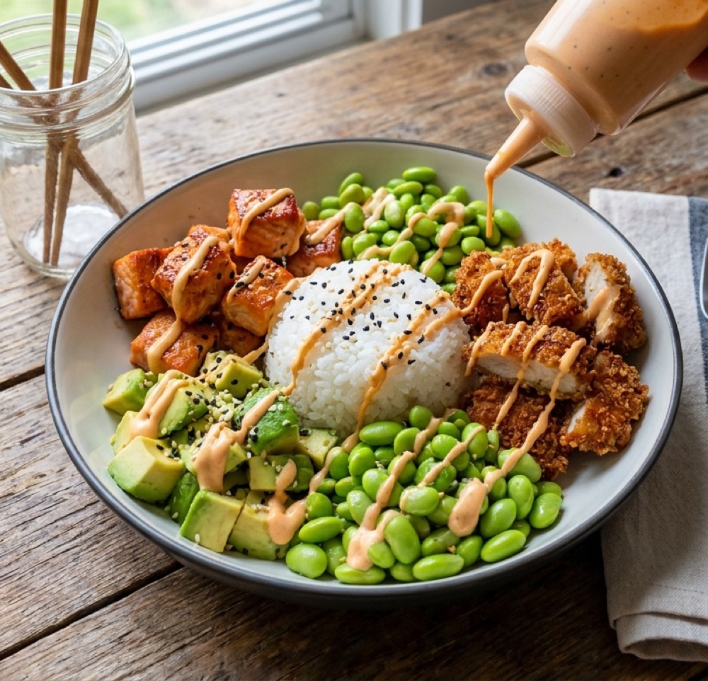Deconstructed Sushi-Bowl: Sushi-Reis, gebratener Lachs, knuspriges Hähnchen, Edamame und Avocado, bestrichen mit Sauce
